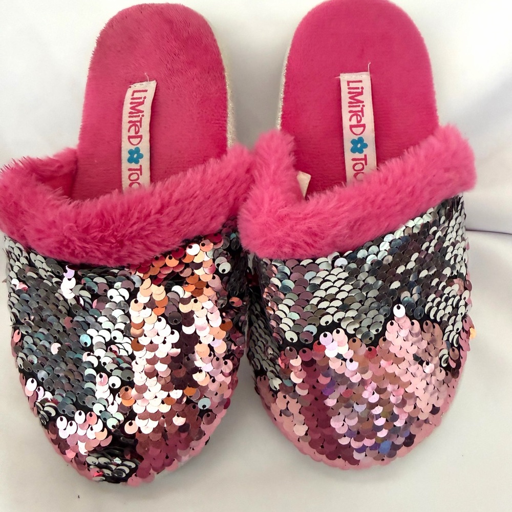LIMITED TOO Hot Pink Sequin Slippers with Faux Fur Trim